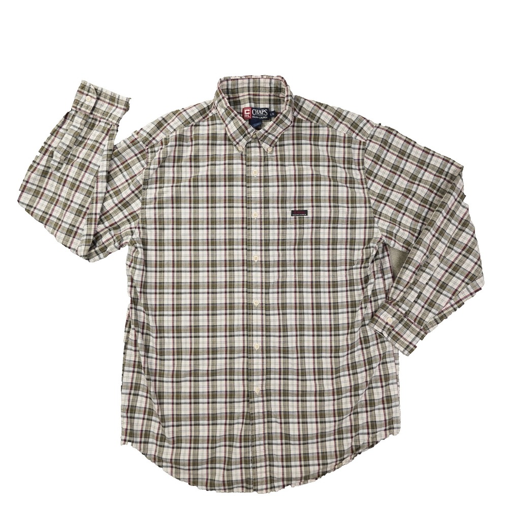 Chaps Ralph Lauren Button Up Shirt Men's Large Beige Plaid 90s Preppy Old Money